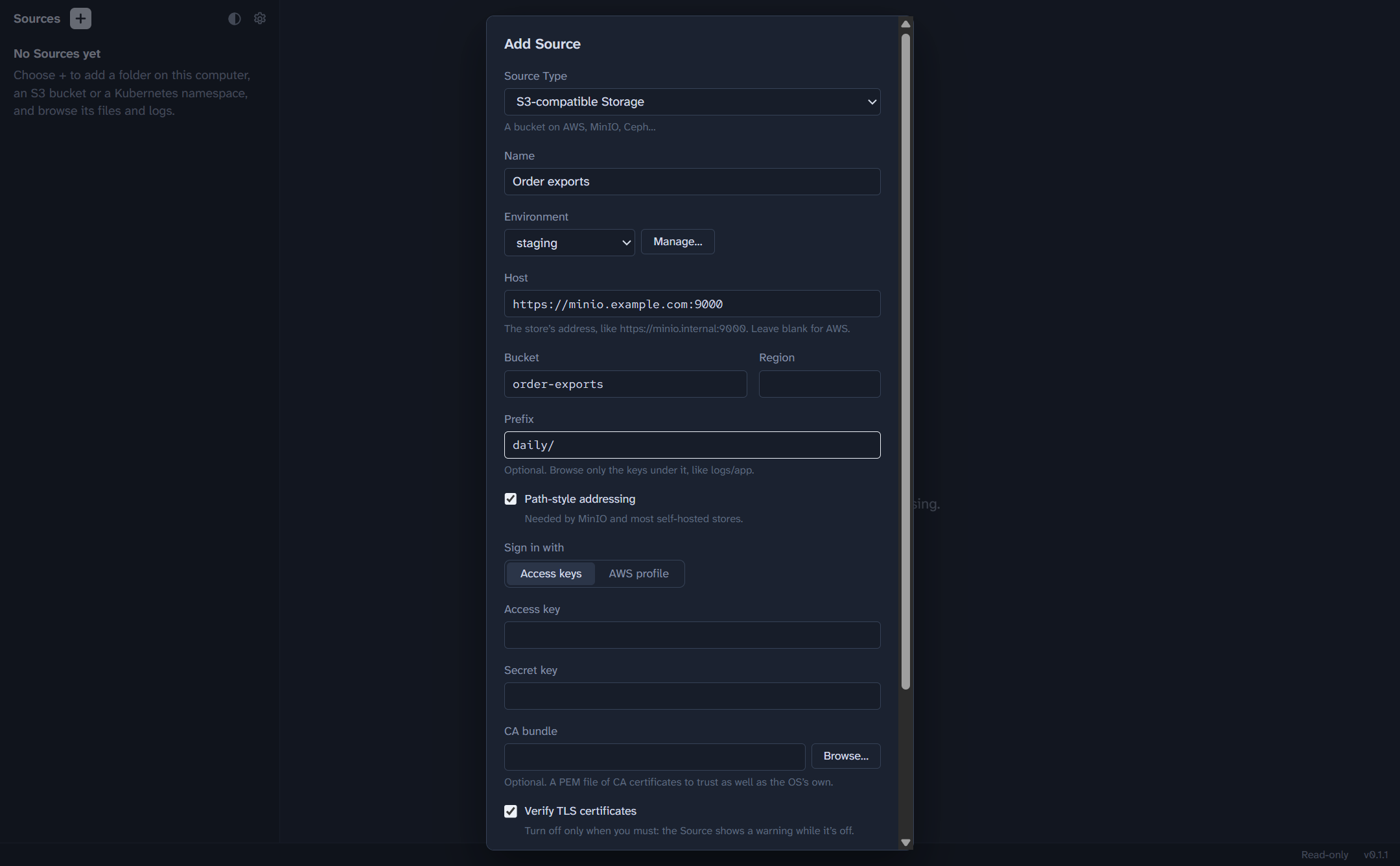 The Add Source dialog, filled in for an S3 bucket