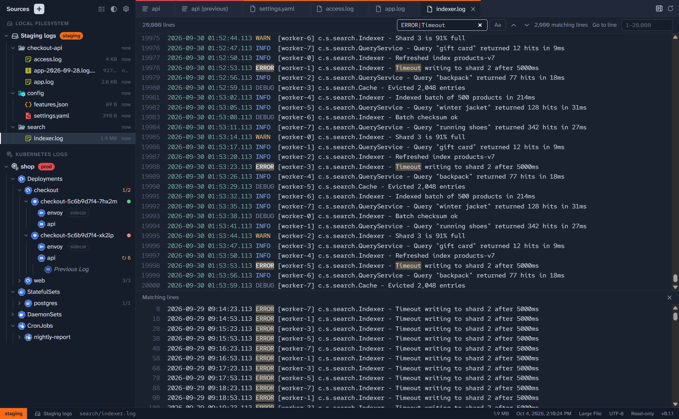 The Large File Viewer, listing every line that matches a search