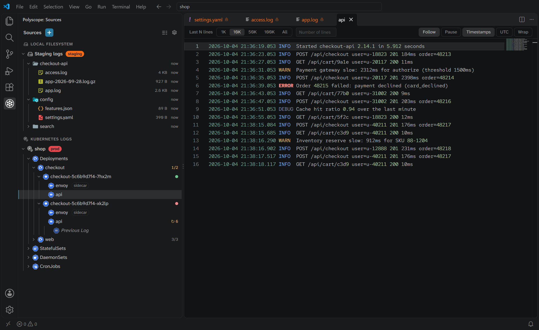 Polyscope's Sources sidebar inside VS Code, following a Kubernetes container log